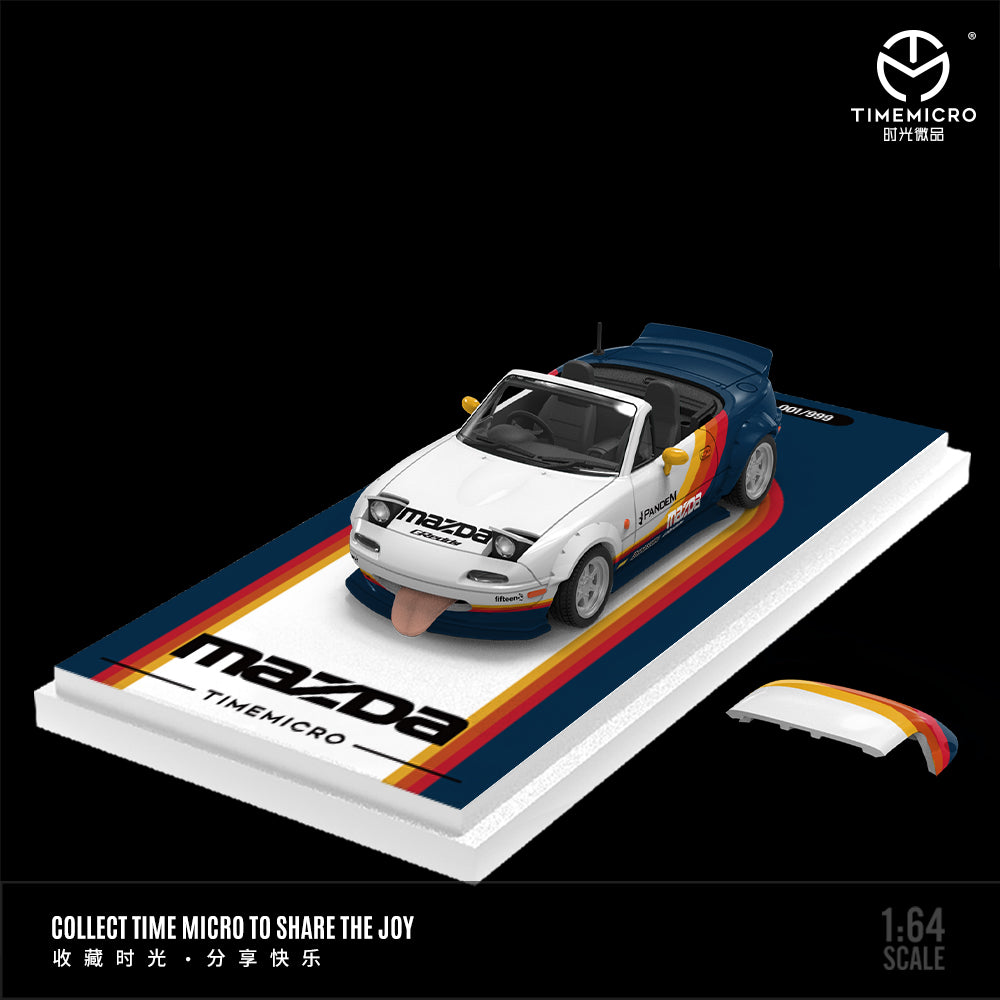 Time Micro 1:64 Mazda MX5 MX-5 Foldable Head Lights Removable Roof White Blue Colours Stripes