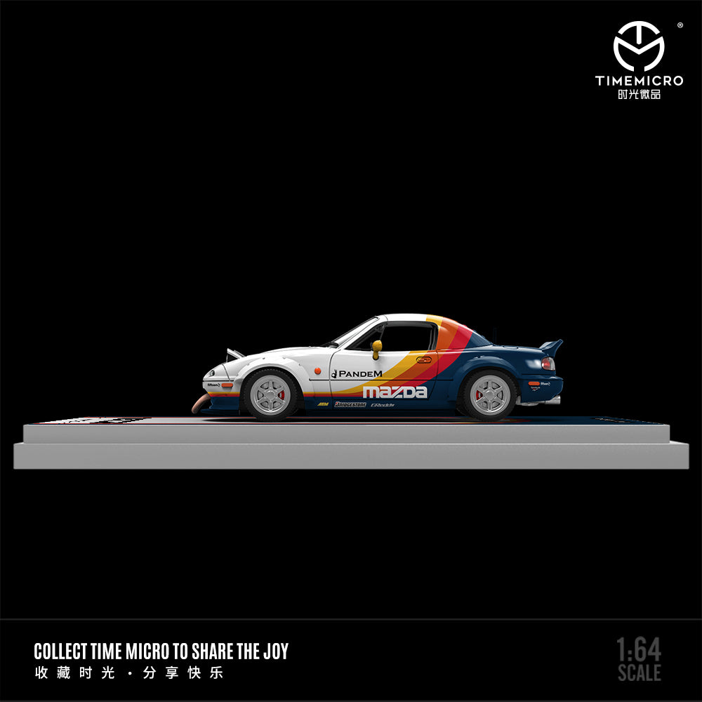 Time Micro 1:64 Mazda MX5 MX-5 Foldable Head Lights Removable Roof White Blue Colours Stripes