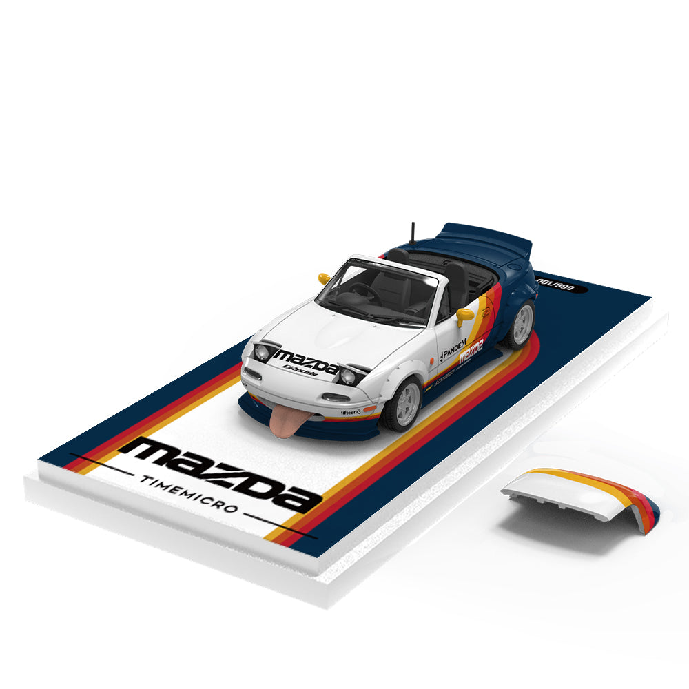 Time Micro 1:64 Mazda MX5 MX-5 Foldable Head Lights Removable Roof White Blue Colours Stripes
