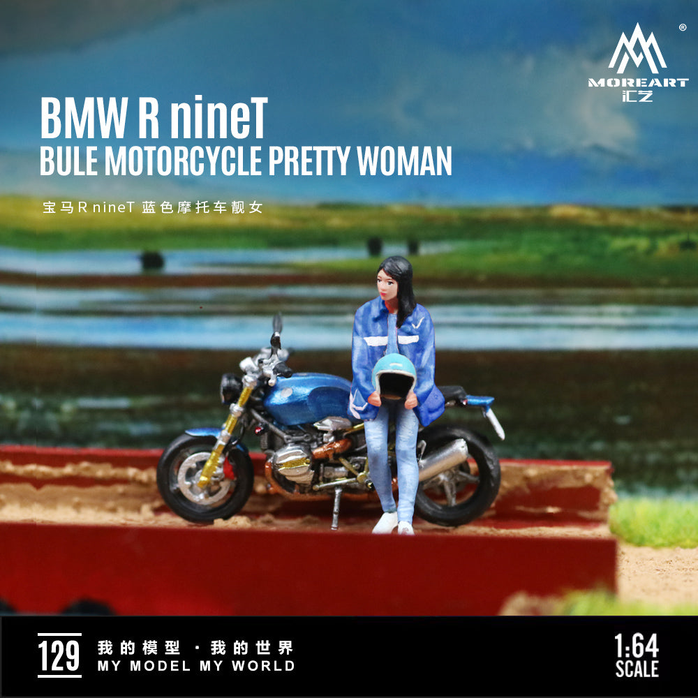 MoreArt 1:64 BMW R NineT Blue Motorcycle Pretty Woman Figure Set (1 Motorcycle + 1 Figure)