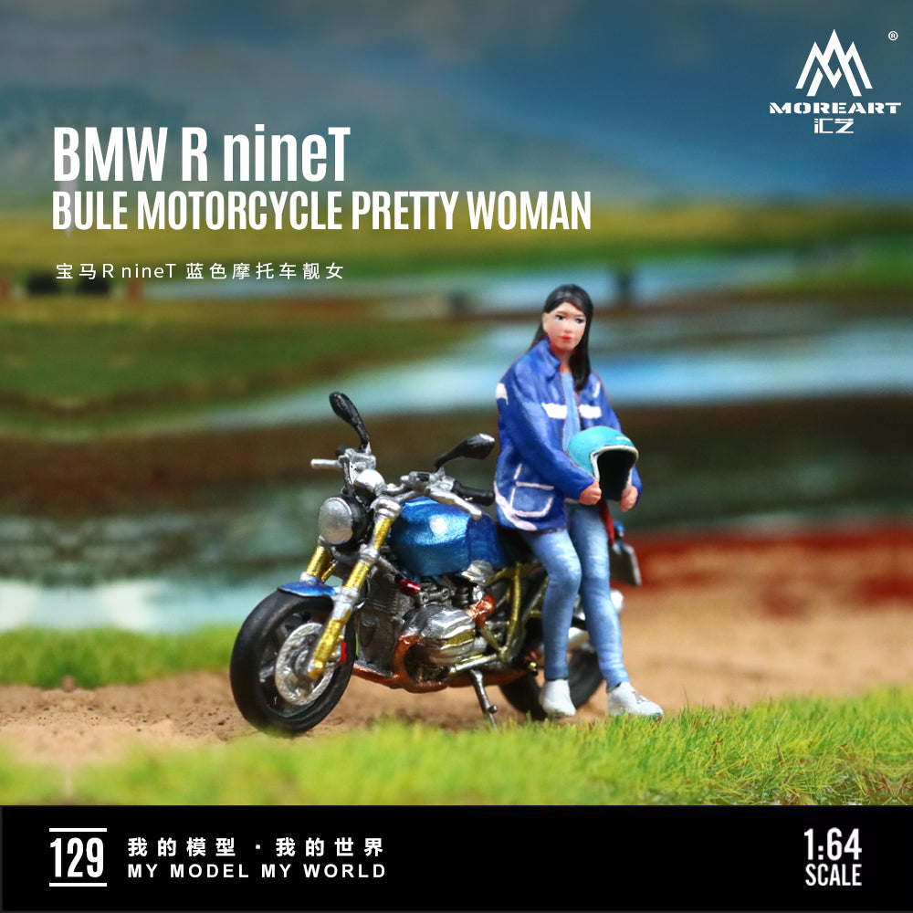 MoreArt 1:64 BMW R NineT Blue Motorcycle Pretty Woman Figure Set (1 Motorcycle + 1 Figure)