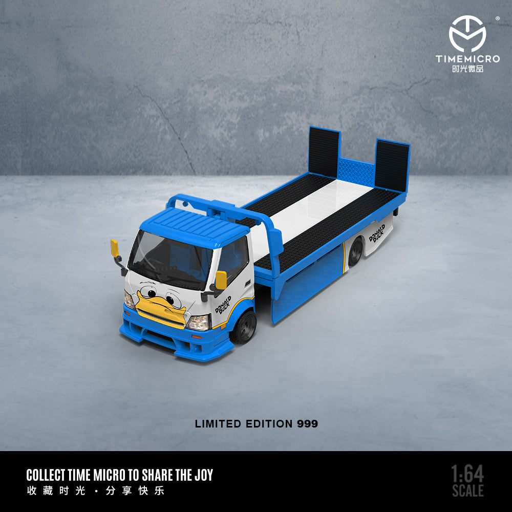 Time Micro 1/64 Hino H300 Flat bed Transport Trailer Truck Extendable Flat Bed Donald Duck Edition + Mini Cooper + Model Girl Figure Full Set