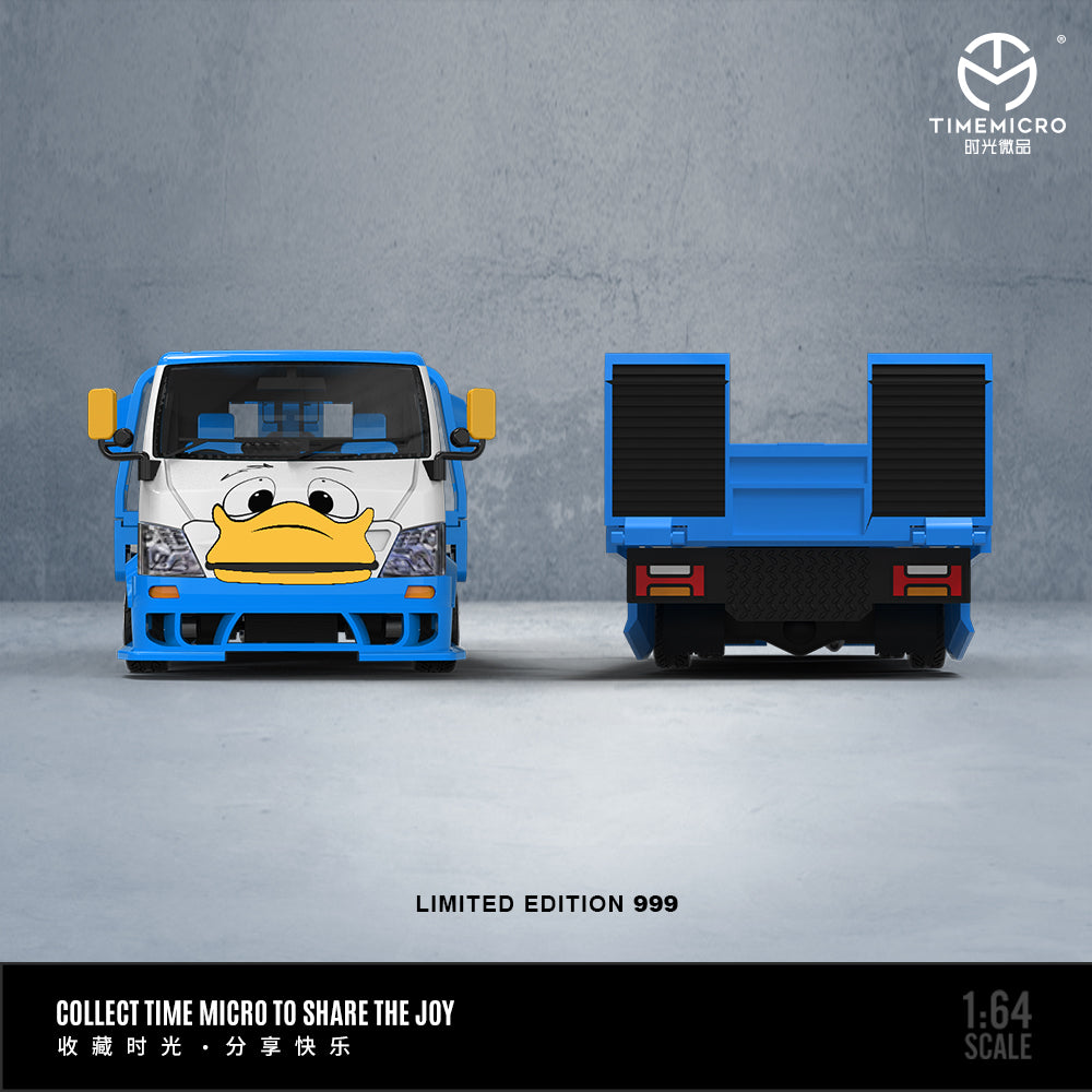 Time Micro 1/64 Hino H300 Flat bed Transport Trailer Truck Extendable Flat Bed Donald Duck Edition + Mini Cooper + Model Girl Figure Full Set