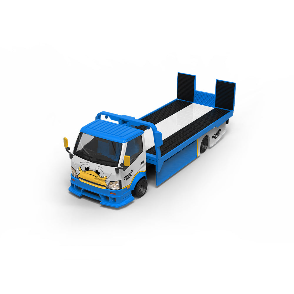 Time Micro 1/64 Hino H300 Flat bed Transport Trailer Truck Extendable Flat Bed Donald Duck Edition + Mini Cooper + Model Girl Figure Full Set