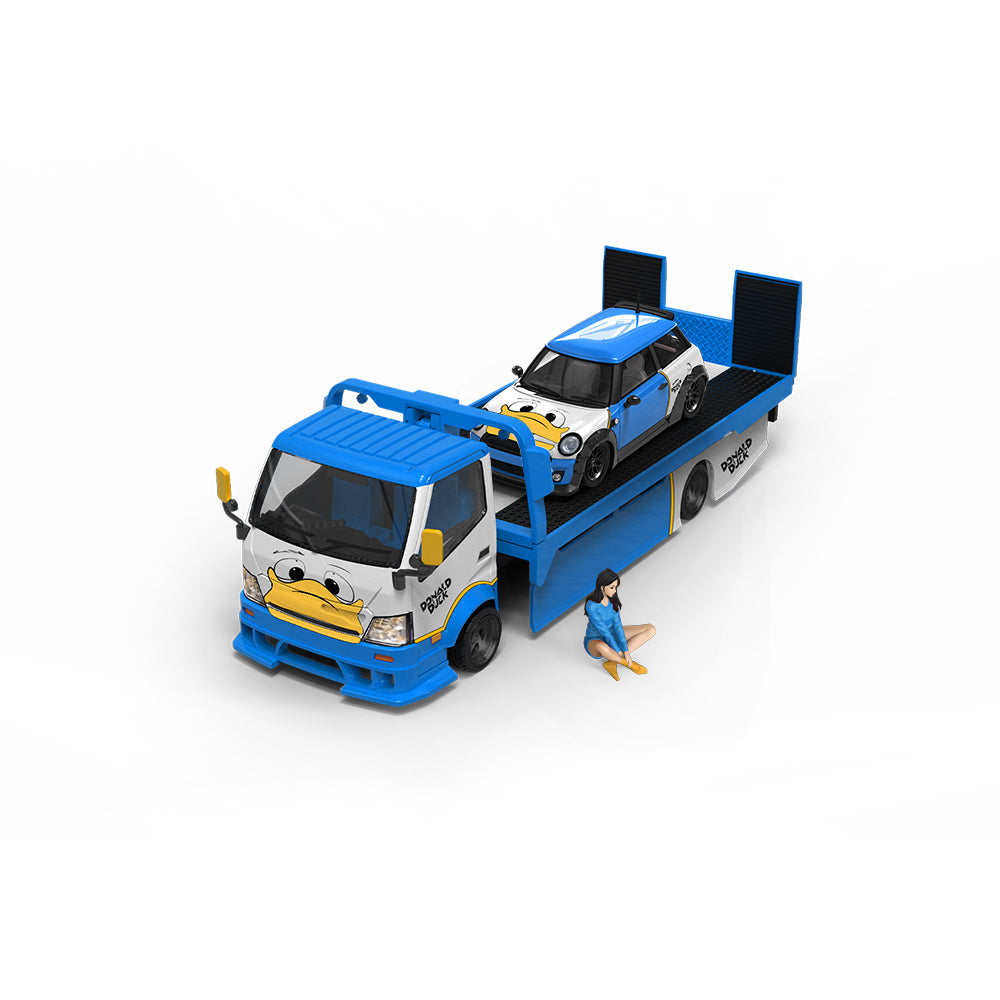 Time Micro 1/64 Hino H300 Flat bed Transport Trailer Truck Extendable Flat Bed Donald Duck Edition + Mini Cooper + Model Girl Figure Full Set