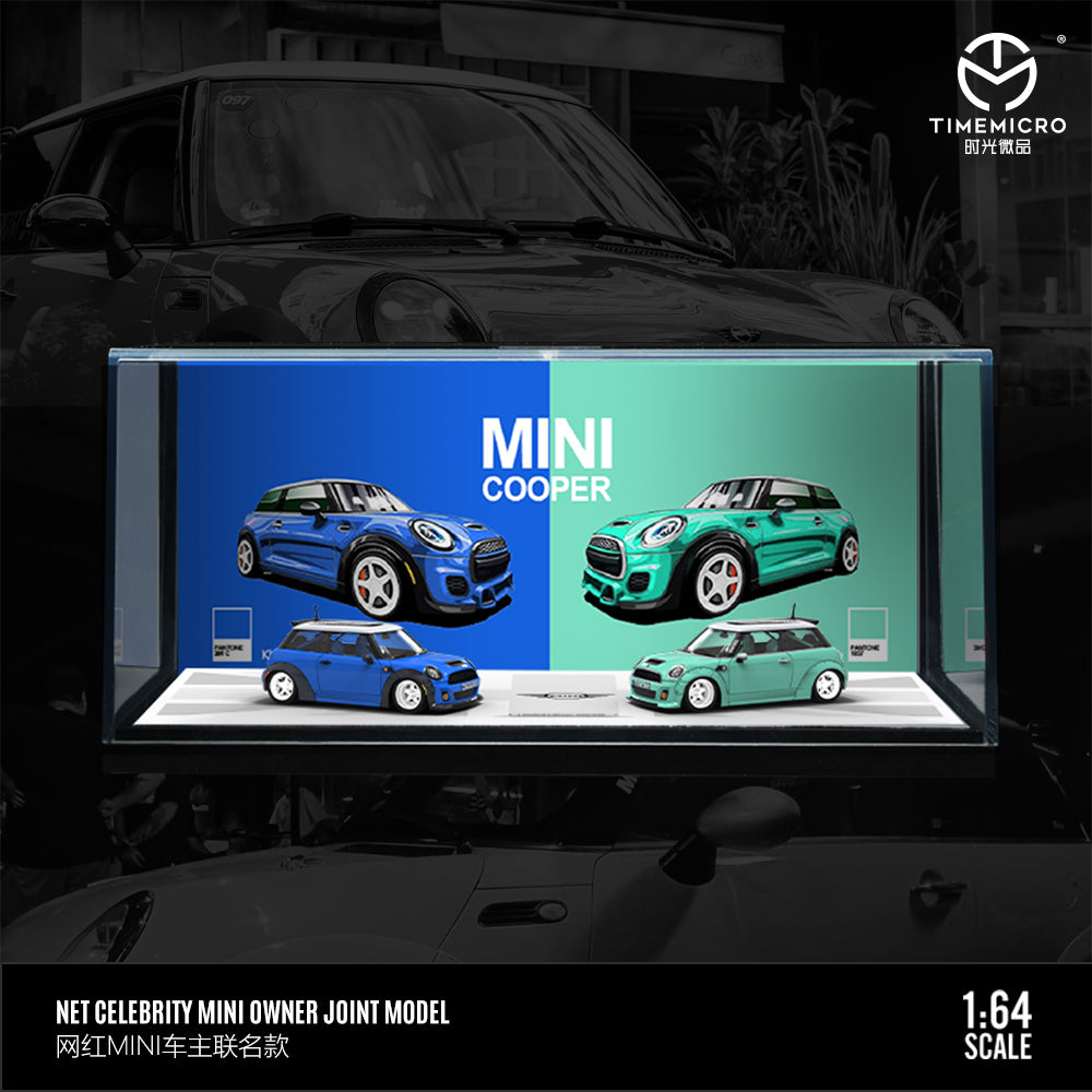 Time Micro 1/64 Mini Cooper Dark Blue and Light Green 2 Cars Set