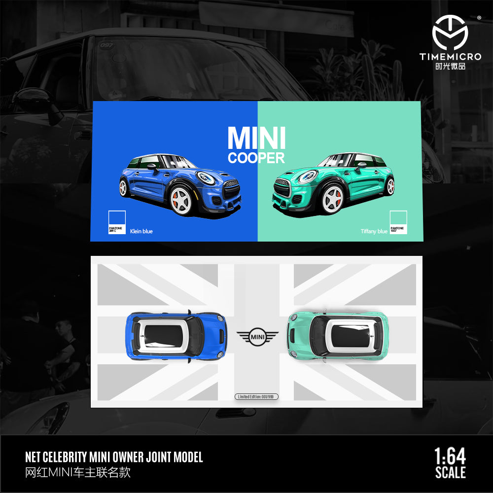 Time Micro 1/64 Mini Cooper Dark Blue and Light Green 2 Cars Set