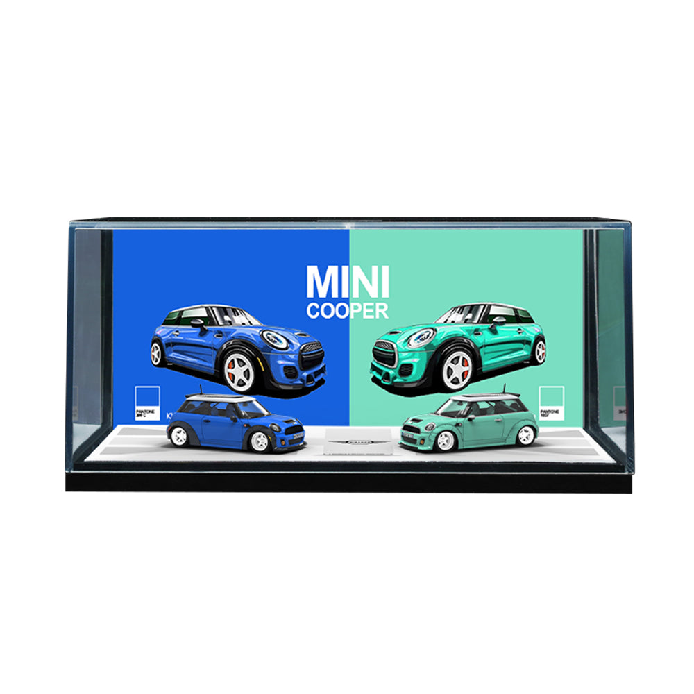 Time Micro 1/64 Mini Cooper Dark Blue and Light Green 2 Cars Set