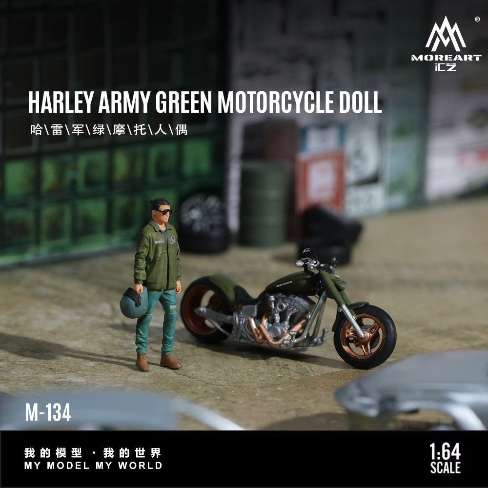 MoreArt 1:64 Harley-Davidson Army Green Motorcycle Doll Figure Set (1 Motorcycle + 1 Figure)