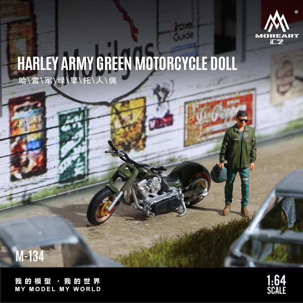 MoreArt 1:64 Harley-Davidson Army Green Motorcycle Doll Figure Set (1 Motorcycle + 1 Figure)