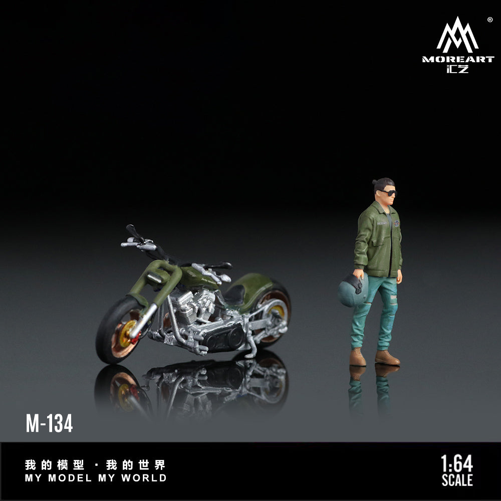 MoreArt 1:64 Harley-Davidson Army Green Motorcycle Doll Figure Set (1 Motorcycle + 1 Figure)