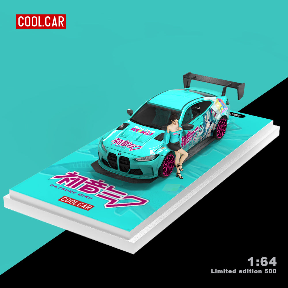 Cool.Car 1/64 Hino H300 Flat bed Transport Trailer Truck Extendable Flat Bed Japanese Anime Hatsune Miku Edition + BMW M4 + Model Girl Figure Full Set