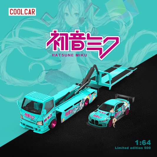 Cool.Car 1/64 Hino H300 Flat bed Transport Trailer Truck Extendable Flat Bed Japanese Anime Hatsune Miku Edition + BMW M4 + Model Girl Figure Full Set
