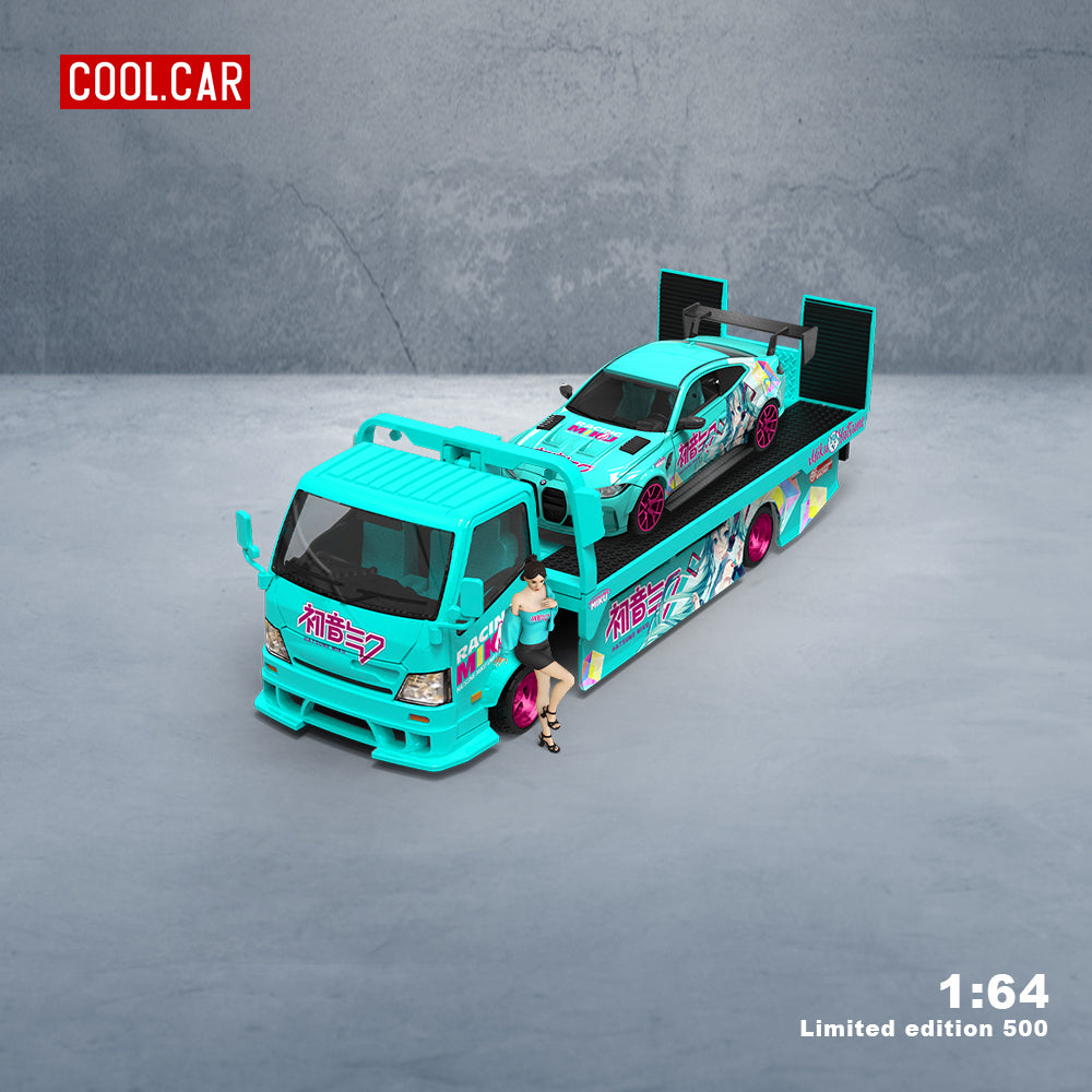 Cool.Car 1/64 Hino H300 Flat bed Transport Trailer Truck Extendable Flat Bed Japanese Anime Hatsune Miku Edition + BMW M4 + Model Girl Figure Full Set