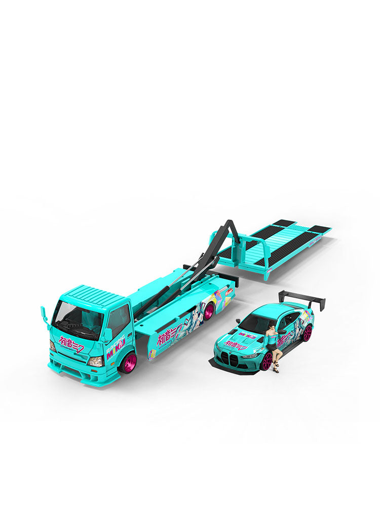 Cool.Car 1/64 Hino H300 Flat bed Transport Trailer Truck Extendable Flat Bed Japanese Anime Hatsune Miku Edition + BMW M4 + Model Girl Figure Full Set