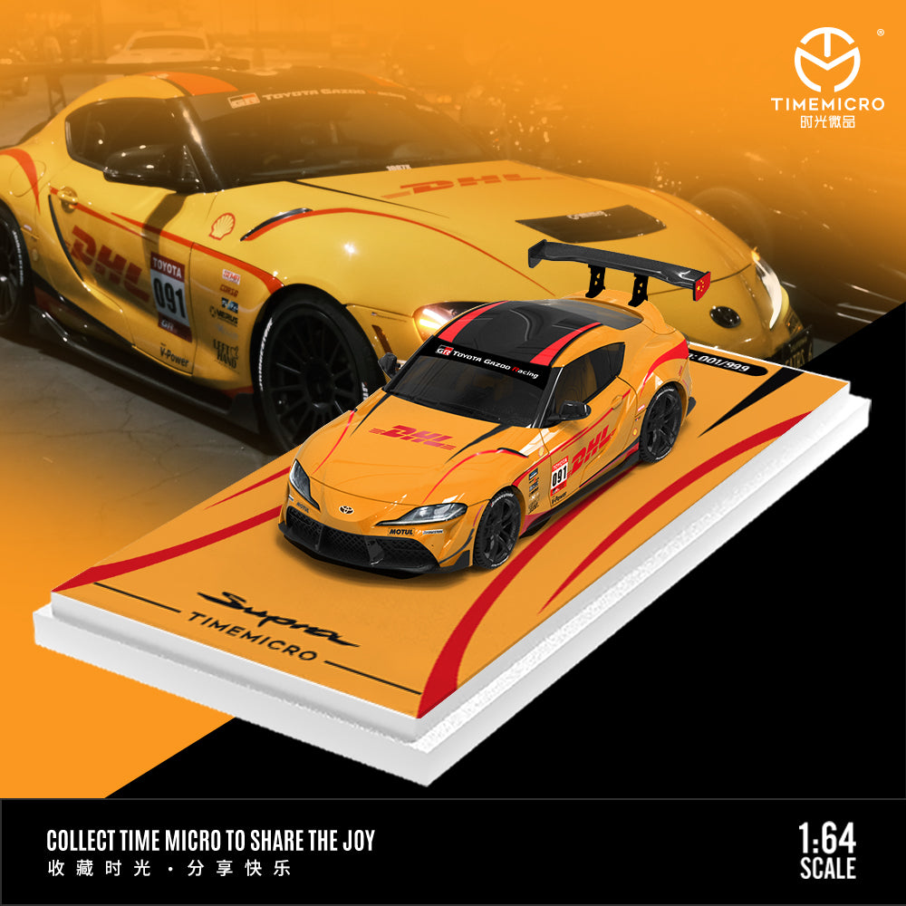 Time Micro 1:64 Toyota Supra A90 DHL Orange Edition with Metal Cargo Container and Model Figure