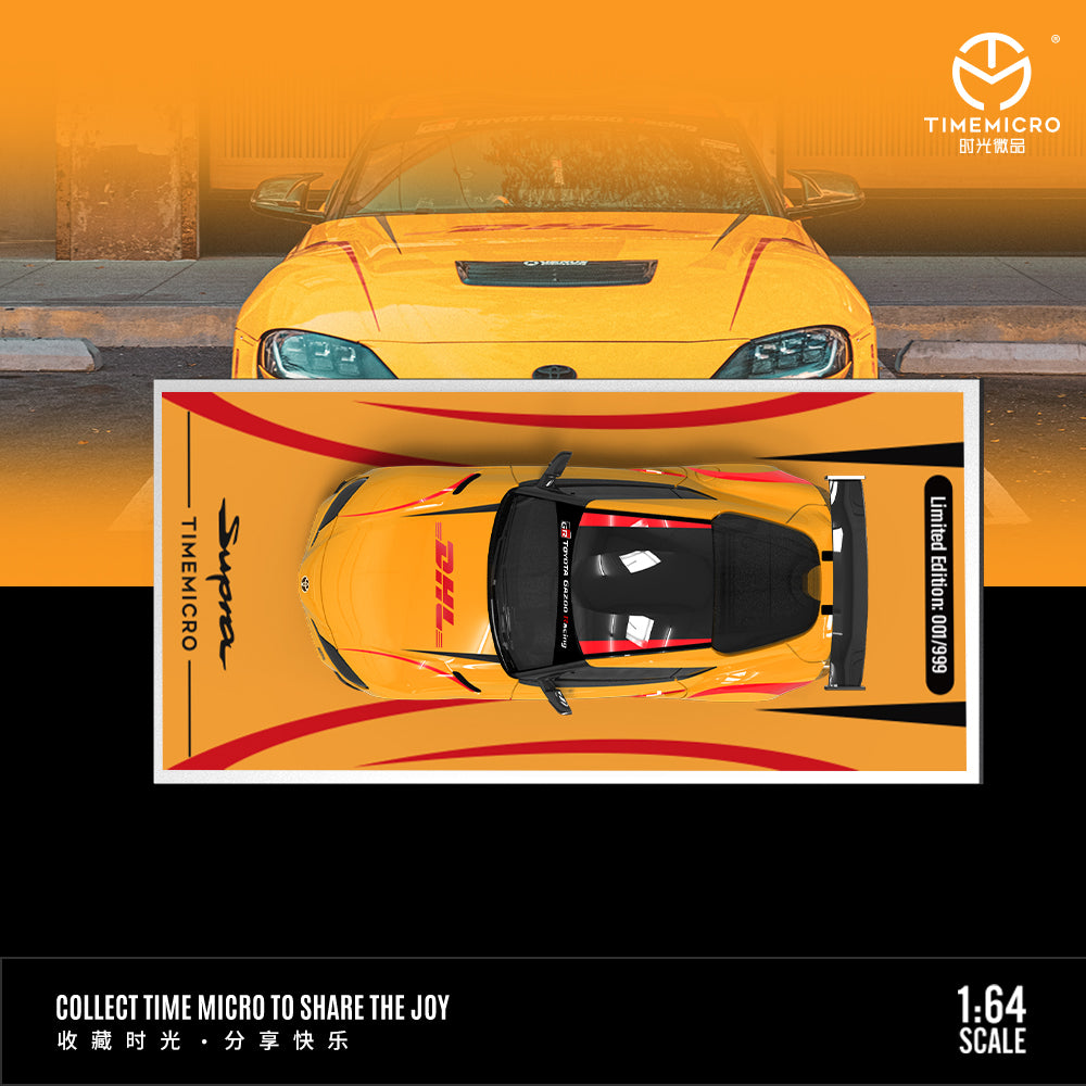 Time Micro 1:64 Toyota Supra A90 DHL Orange Edition with Metal Cargo Container and Model Figure