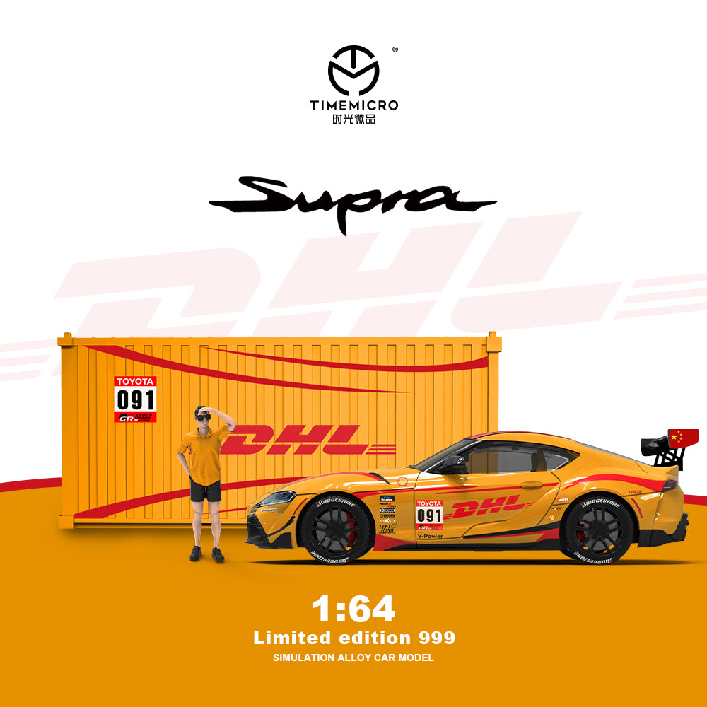 Time Micro 1:64 Toyota Supra A90 DHL Orange Edition with Metal Cargo Container and Model Figure