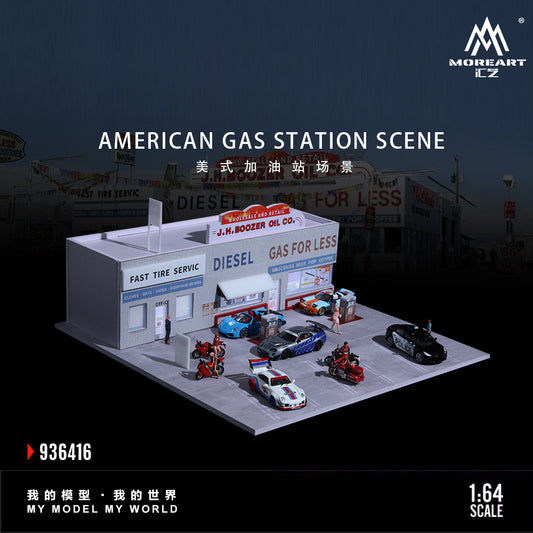 MoreArt 1:64 American Gas Station Scene LED Light Diorama with Parking Lot