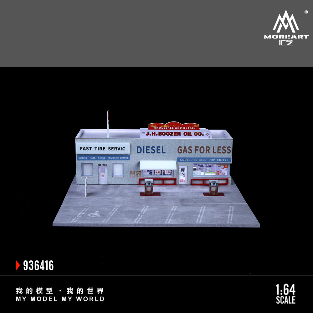 MoreArt 1:64 American Gas Station Scene LED Light Diorama with Parking Lot
