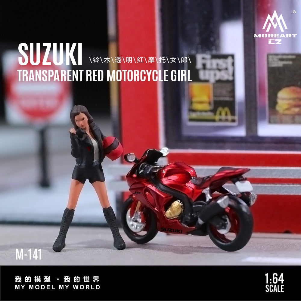 MoreArt 1:64 Suzuki Transparent Red Motorcycle Girl Doll Set (1 Motorcycle + 1 Figure)
