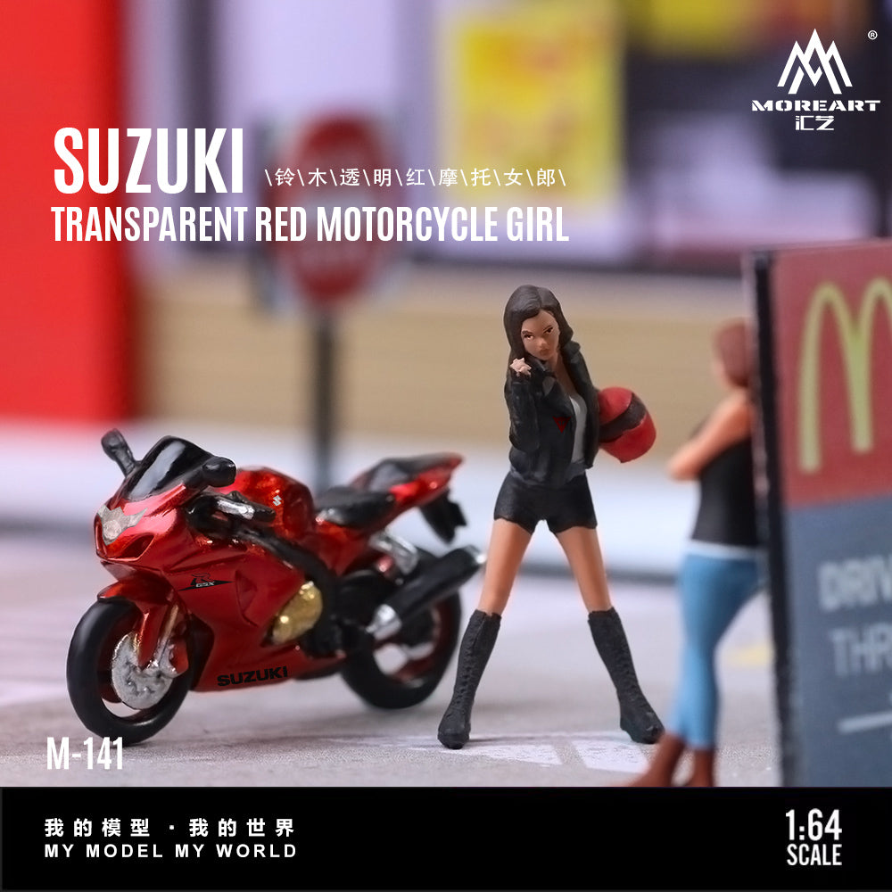 MoreArt 1:64 Suzuki Transparent Red Motorcycle Girl Doll Set (1 Motorcycle + 1 Figure)