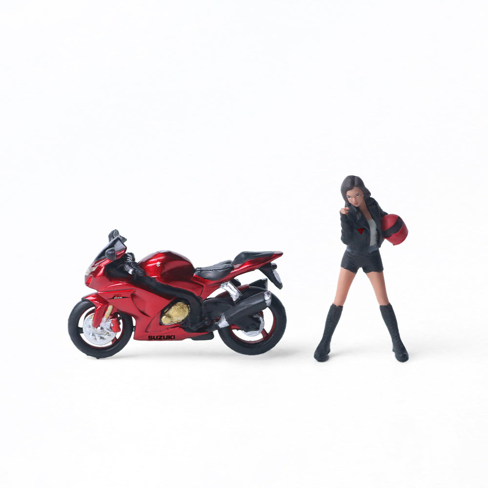 MoreArt 1:64 Suzuki Transparent Red Motorcycle Girl Doll Set (1 Motorcycle + 1 Figure)