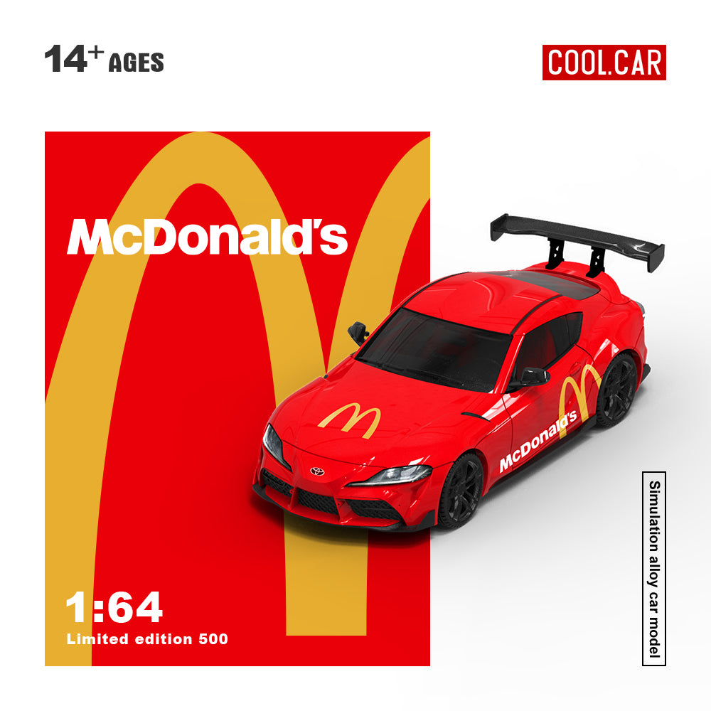 Cool.Car 1/64 Hino H300 Flat bed Transport Trailer Truck Extendable Flat Bed Mcdonald's Edition + Toyota Supra A90 + Model Girl Figure Full Set