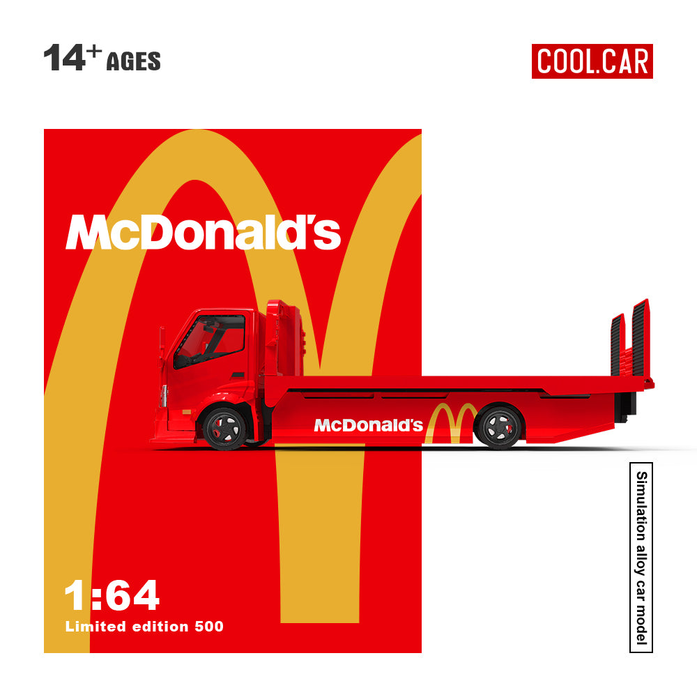 Cool.Car 1/64 Hino H300 Flat bed Transport Trailer Truck Extendable Flat Bed Mcdonald's Edition + Toyota Supra A90 + Model Girl Figure Full Set