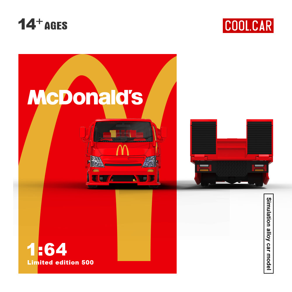 Cool.Car 1/64 Hino H300 Flat bed Transport Trailer Truck Extendable Flat Bed Mcdonald's Edition + Toyota Supra A90 + Model Girl Figure Full Set