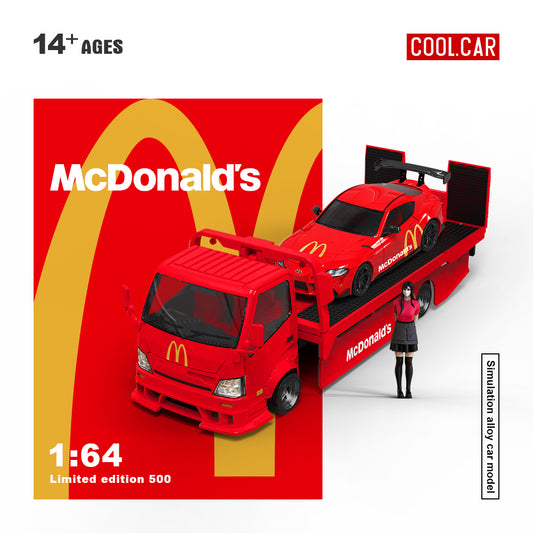 Cool.Car 1/64 Hino H300 Flat bed Transport Trailer Truck Extendable Flat Bed Mcdonald's Edition + Toyota Supra A90 + Model Girl Figure Full Set