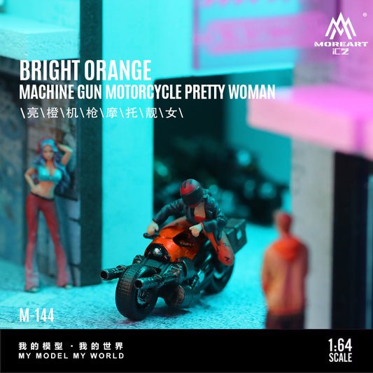 MoreArt 1:64 Bright Orange Machine Gun Motorcycle Pretty Girl Doll Set (1 Motorcycle + 1 Figure)