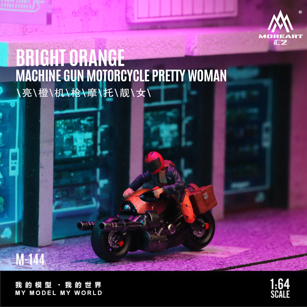 MoreArt 1:64 Bright Orange Machine Gun Motorcycle Pretty Girl Doll Set (1 Motorcycle + 1 Figure)