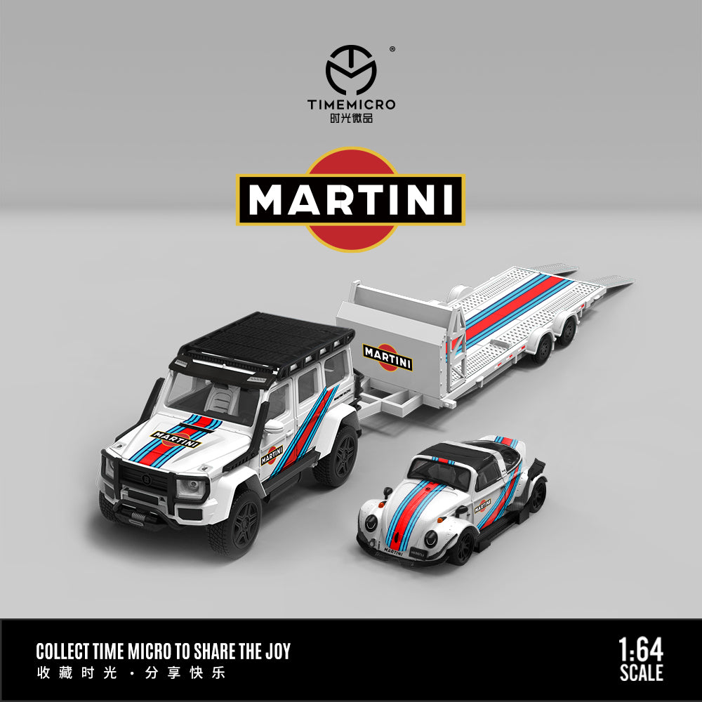 Time Micro 1/64 Car Hauler Trailer Set Martini Edition- Mercedes Benz G-Class G550 & Volkswagen Beetle & Trailer