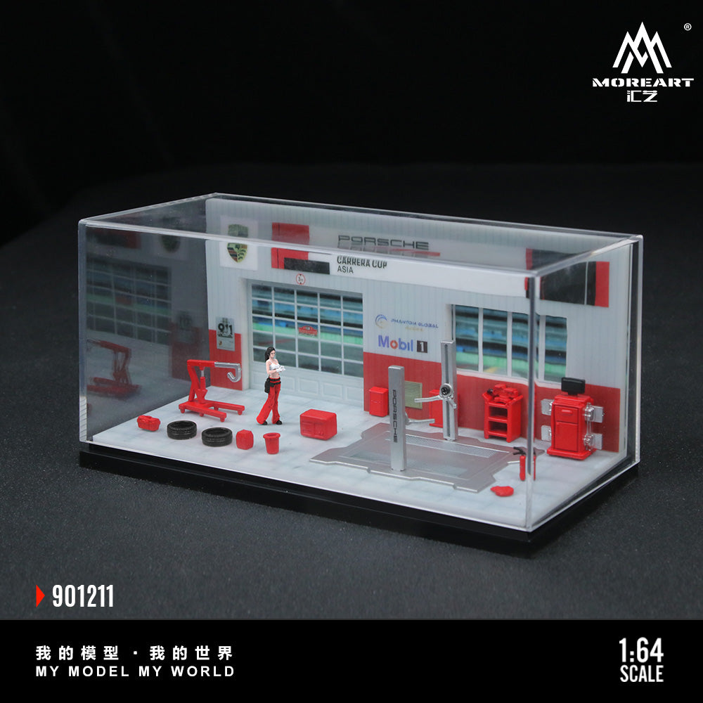 MoreArt 1/64 Porsche Repair Shop Workshop Garage Diorama with Tools and Figure Set
