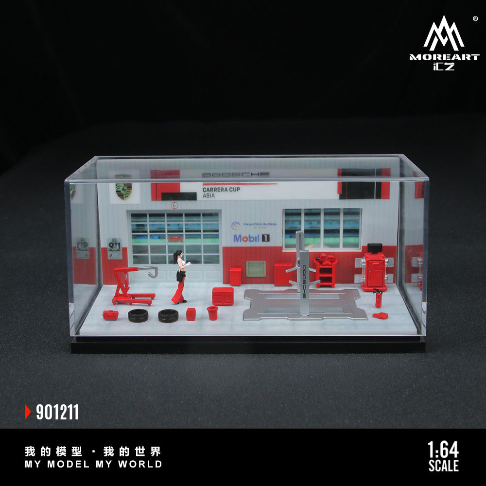 MoreArt 1/64 Porsche Repair Shop Workshop Garage Diorama with Tools and Figure Set