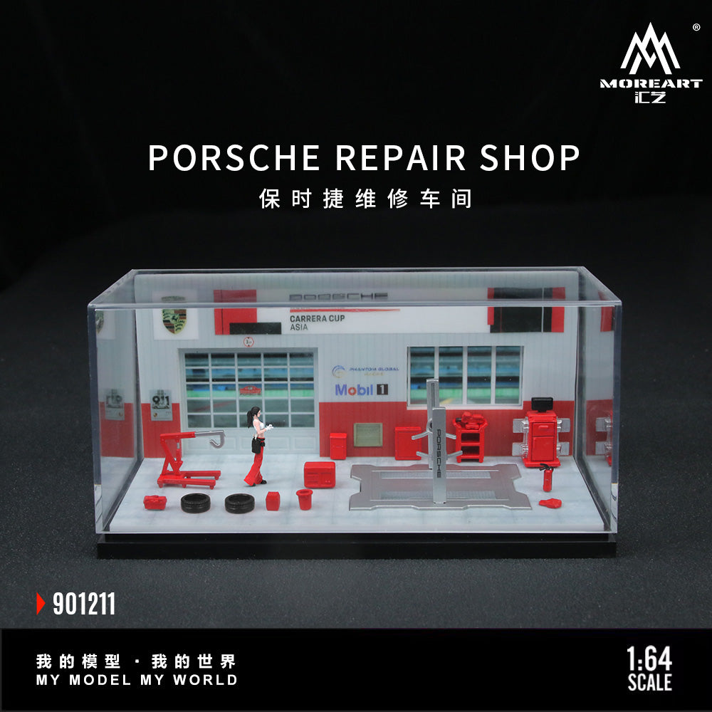 MoreArt 1/64 Porsche Repair Shop Workshop Garage Diorama with Tools and Figure Set