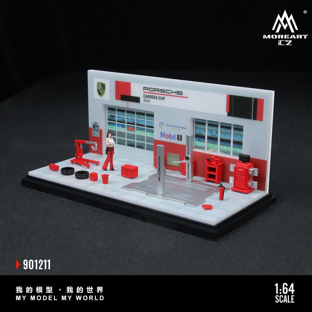 MoreArt 1/64 Porsche Repair Shop Workshop Garage Diorama with Tools and Figure Set