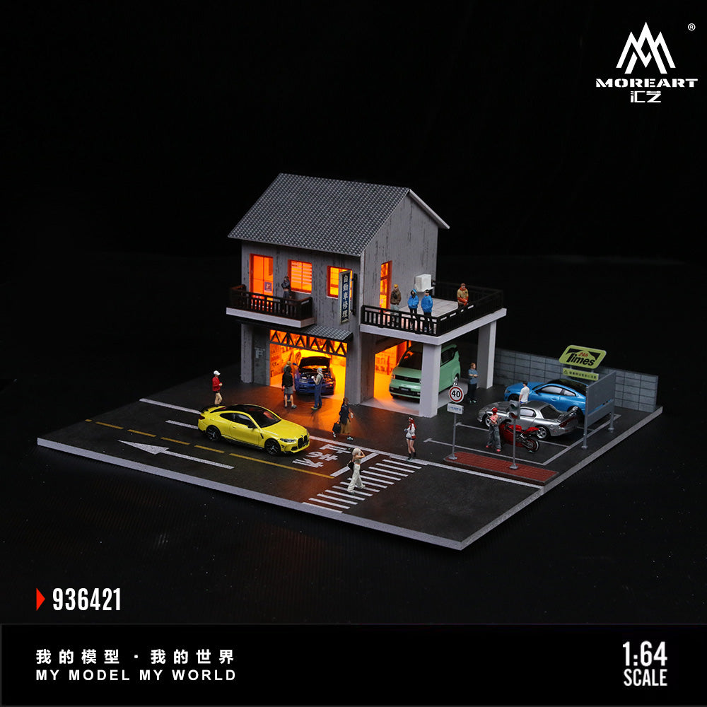 MoreArt 1:64 Japanese Auto Repair Shop Scene Model LED Light Diorama