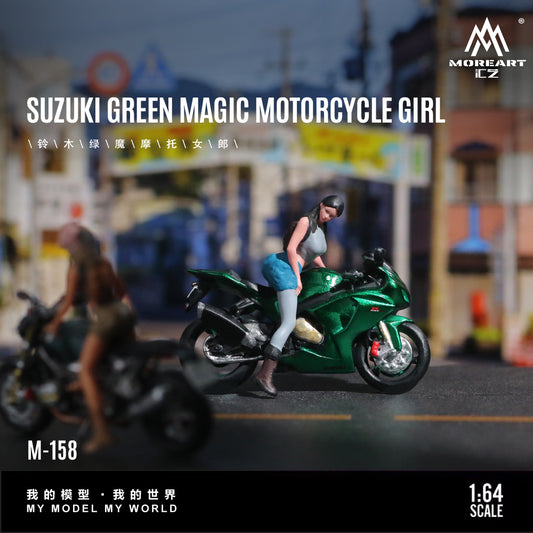 MoreArt 1:64 Suzuki Green Magic Motorcycle Girl Doll Set (1 Motorcycle + 1 Figure)