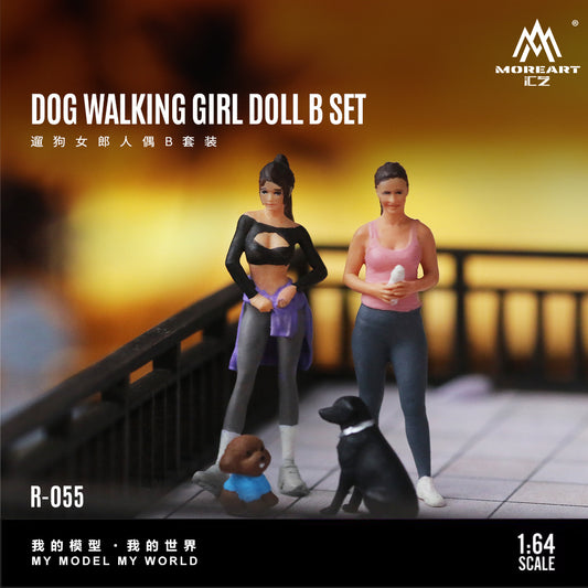 MoreArt 1:64 Dog Walking Girl Doll B Set (2 Women + 2 Dogs Figures Set)