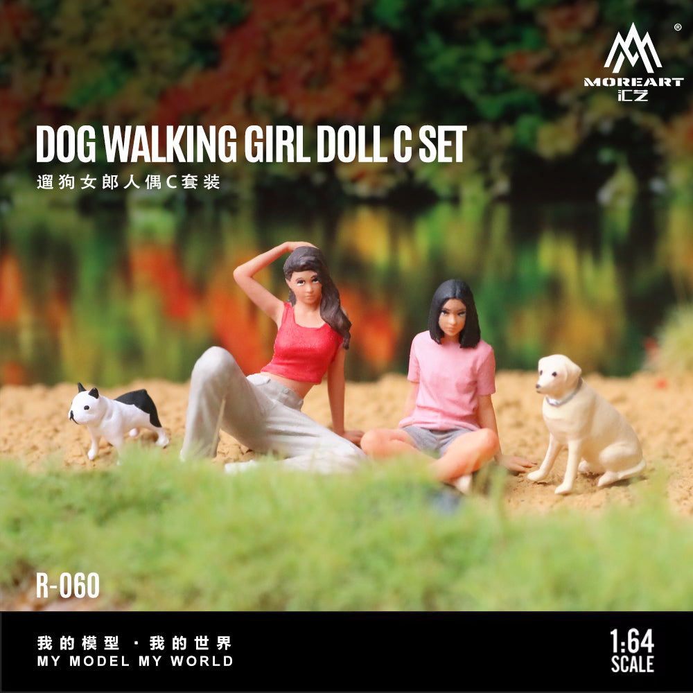 MoreArt 1:64 Dog Walking Girl Doll C Set (2 Women + 2 Dogs Figures Set)