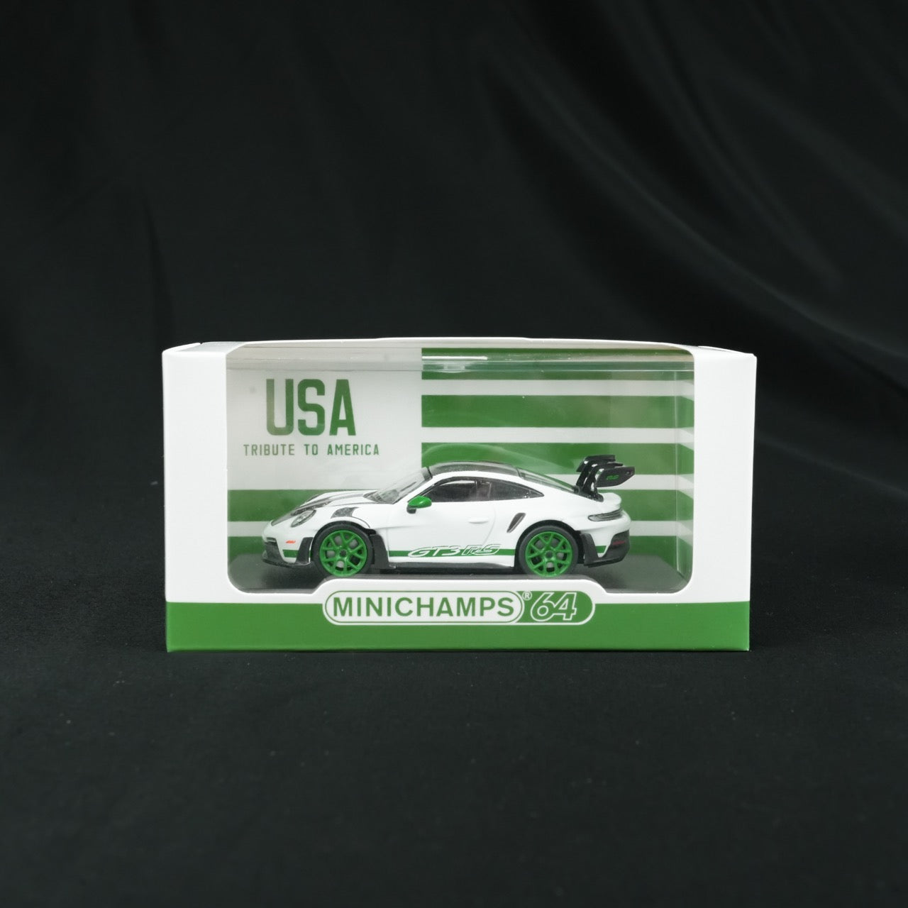 MINICHAMPS 1:64 PORSCHE 911 (992) GT3 RS 2023 WHITE W WEISSACH PACKAGE - TRIBUTE TO AMERICA - EXCLUSIVE FOR CLDC