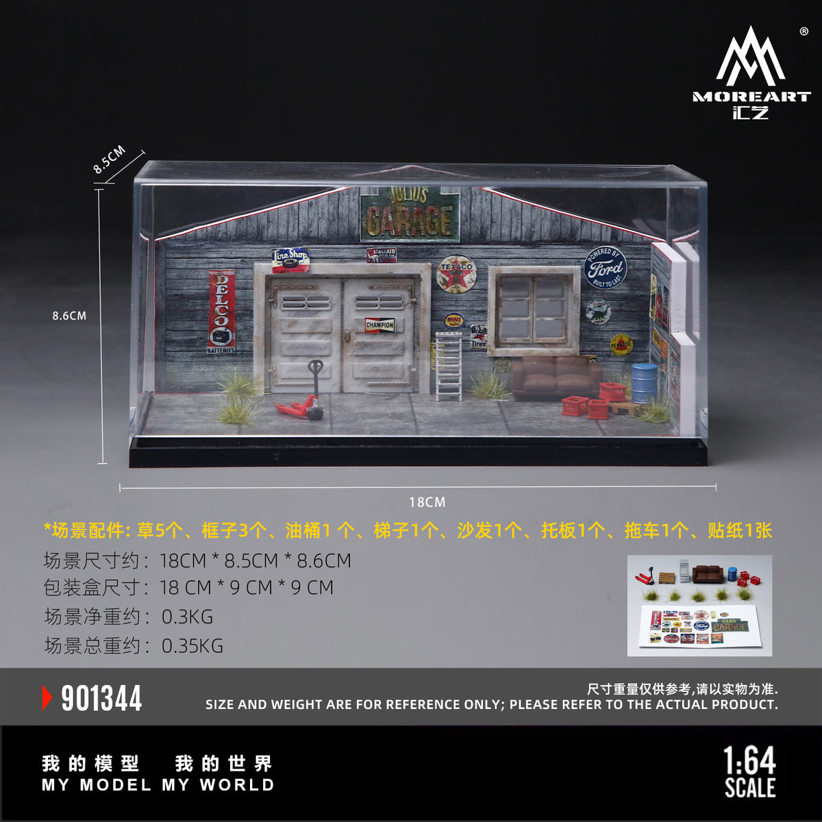 MoreArt 1:64 American Style Retro DIY Repair Workshop Scene Diorama in Acrylic Case (Please Find Included Accessories in Description)