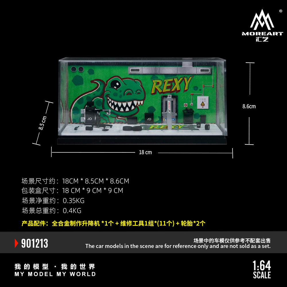 MoreArt 1:64 Green Dragon Rexy Painting and Maintenance Room Repair Garage Diorama in Acrylic Case (Included Lift x1 Tools x 11 Wheels x 2)