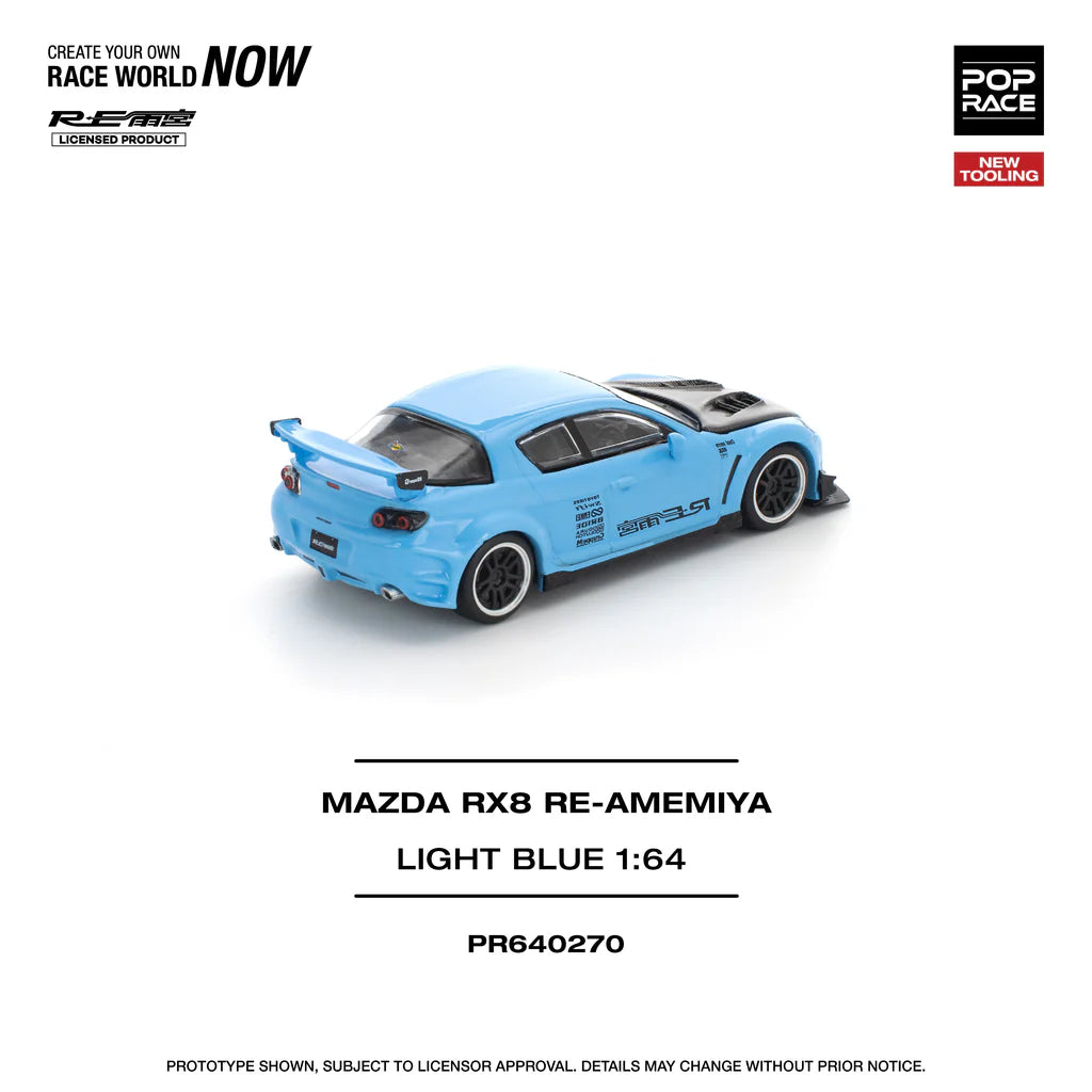 Pop Race 1:64 Mazda RX-8 Re-Amemiya Light Blue Openable Front Hood Detailed Engine (PR640270)
