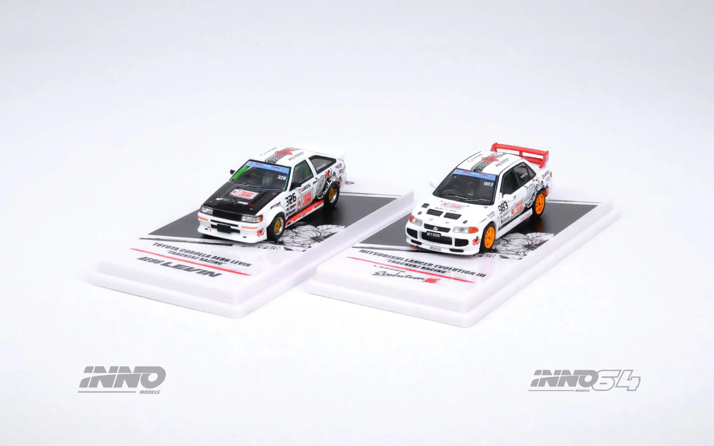 INNO64 1:64 Toyota Corolla AE86 LEVIN & Mitsubishi Lancer Evolution III Malaysia Special Edition "TRACKERZ RACING" Twin Cars Box Set Collection
