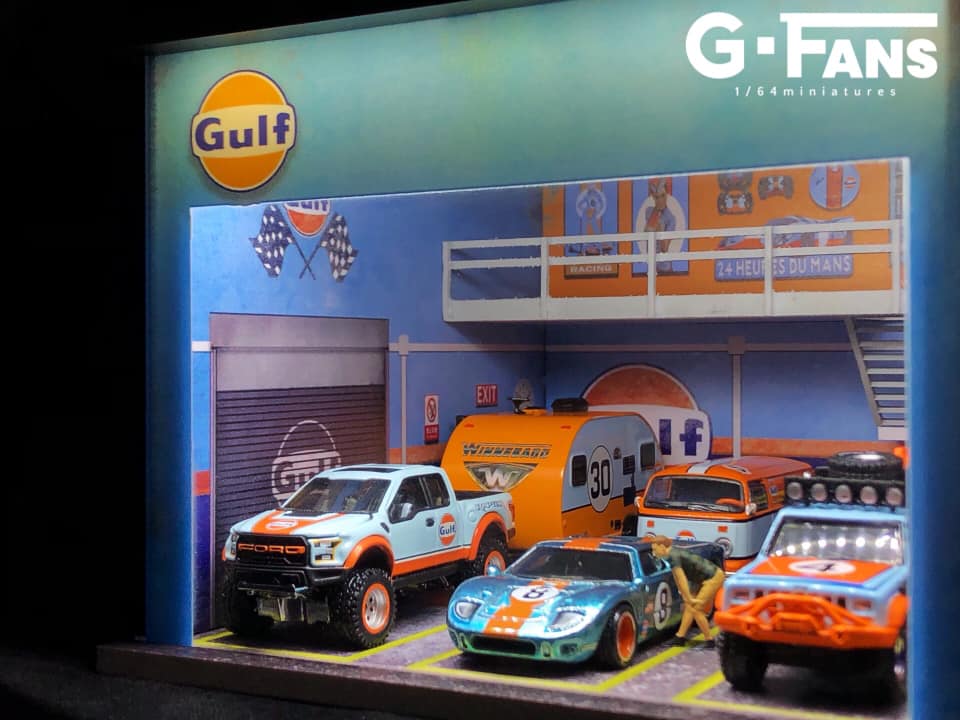 G-Fans 1/64 Gulf Double Levels Garage LED Light Diorama with acrylic cover