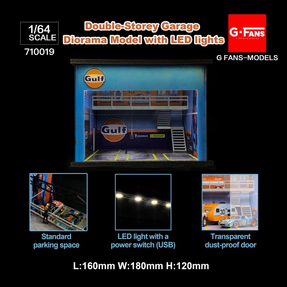G-Fans 1/64 Gulf Double Levels Garage LED Light Diorama with acrylic cover