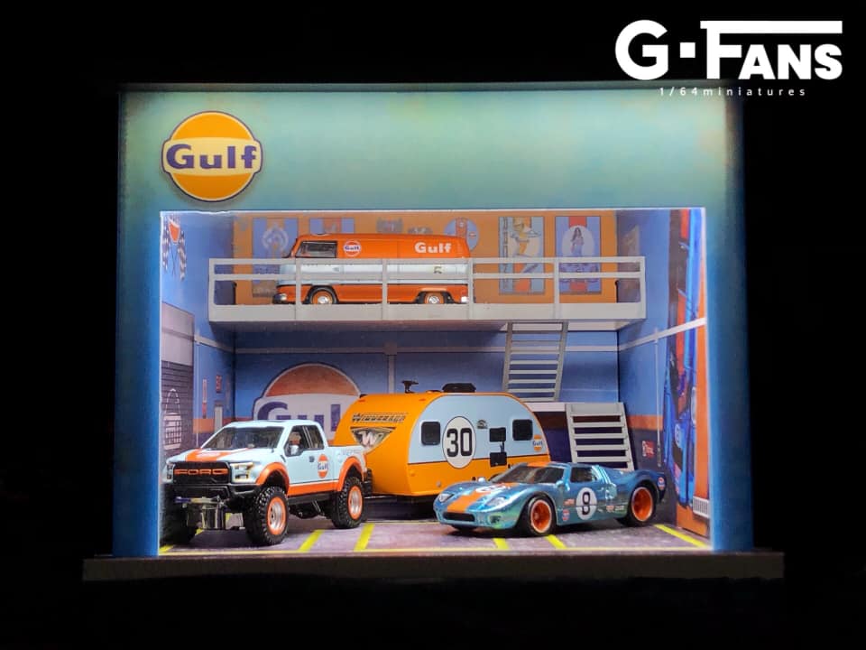 G-Fans 1/64 Gulf Double Levels Garage LED Light Diorama with acrylic cover